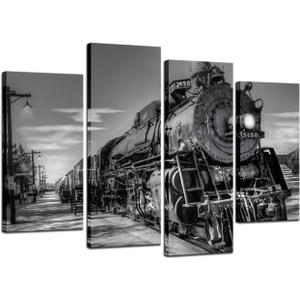iHAPPYWALL 4 Panel Train Canvas Wall Art Vintage Black and White Steam Train Coal Burning Locomotive Wall Hanging Print On Canvas Car Pictures for Home Decoration Gift Ready to Hang