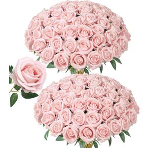 50 PCS Roses Artificial Flowers, Fake Roses with Stem Realistic Blush Silk Rose for DIY Wedding Bouquets Table Centerpieces Arrangements Baby Shower Birthday Home Decor Valentines Day Gift for Her