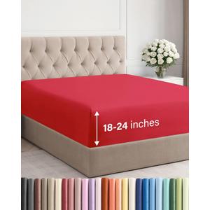 Extra Deep Full Fitted Sheet - Hotel Luxury Single Fitted Sheet Only - Easily Fits 18 inch to 24 inch Mattress - Ultra Soft, Wrinkle Free with Extra Deep Pockets - Easy-Care, Breathable & Comfy - Red