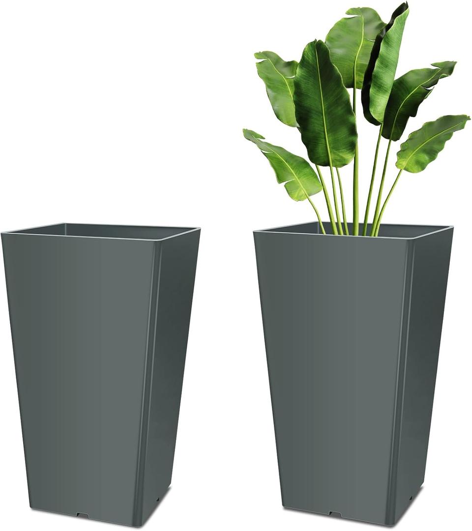 Set of 2 16 Inch Large Taper Planters Outdoor Indoor Tall Resin Flower Pots with Drainage Holes Modern for Front Porch Patio Backyard Plants(Gray)