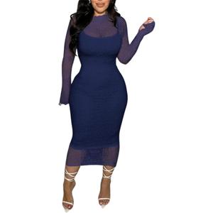 Women's Elegant Bodycon Midi Dress Lace Party Cocktail Wedding Guest Dress (XX-Large, Navy Blue)