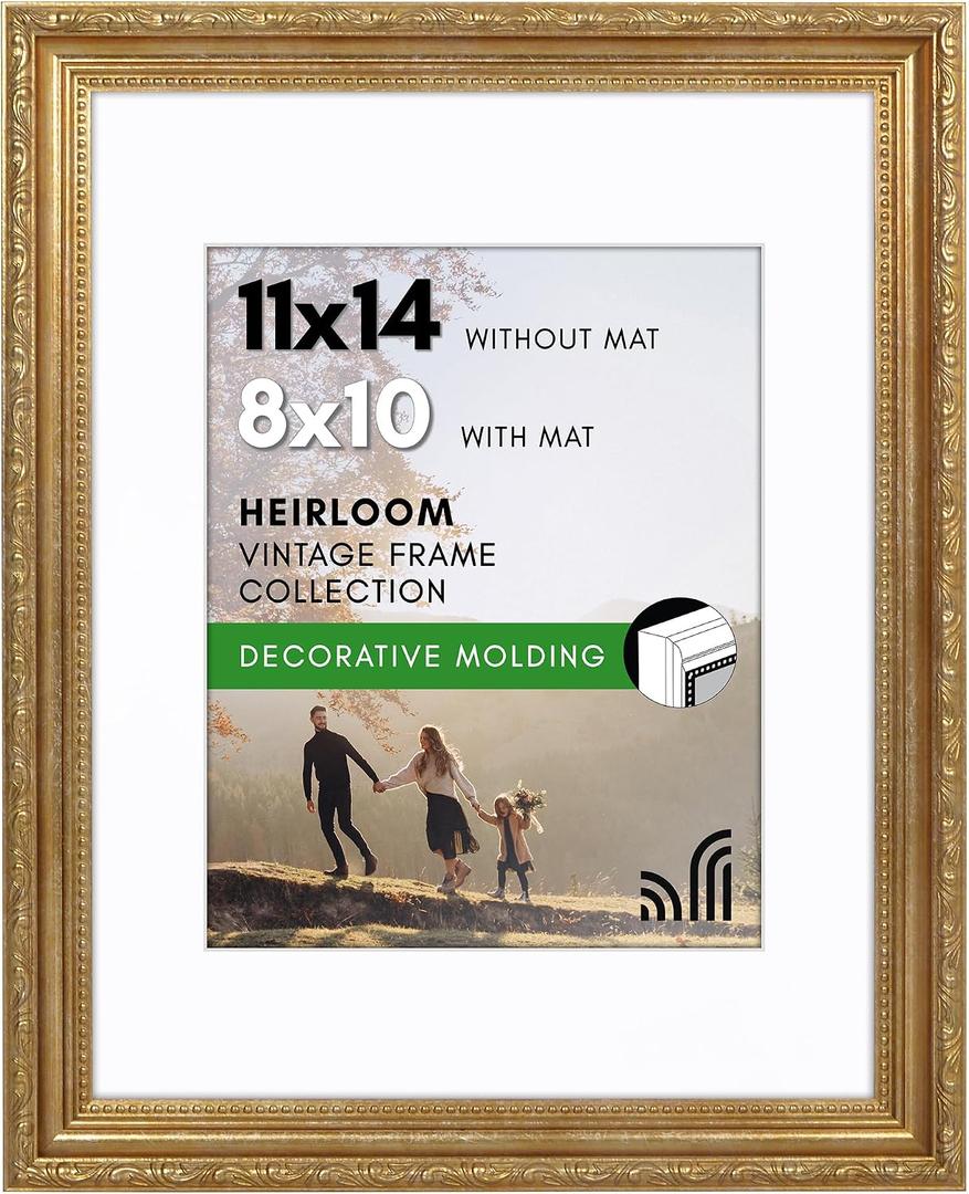 Americanflat 11x14 Picture Frame with Shatter-Resistant Glass - Use as 8x10 Frame with Mat or Display 11x14 Photo Without Mat - Ornate Picture Frames for Wall Display - Gold