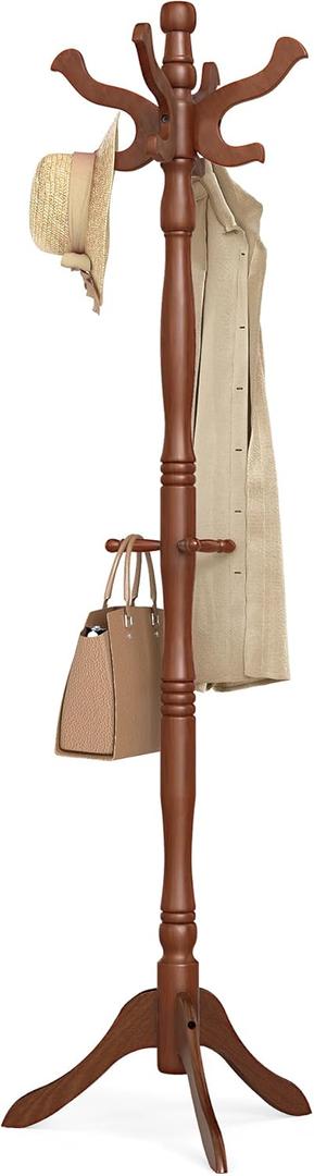 VASAGLE Coat Stand, Solid Wood Freestanding Coat Rack with 11 Hooks, Hall Tree for Bags, Purses, Hats, for Entryway, Hallway, Rubberwood, Caramel Brown URCR05WN