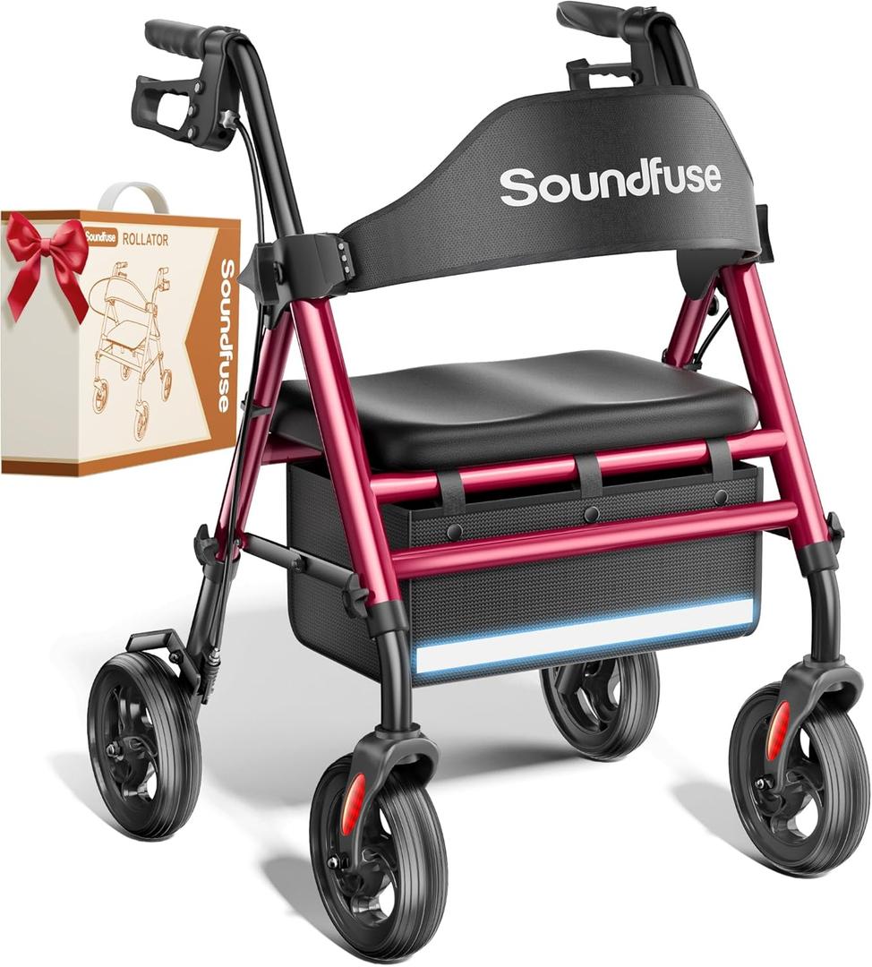 SOUNDFUSE Walkers for Seniors, Rollator Walker with Seat, 8" All Terrain Wheels, Double Support Bar, 16" Ergonomic Arc Seat and Comfortable Backrest, Dual Height Adjustable and Foldable Design (Rose Red)