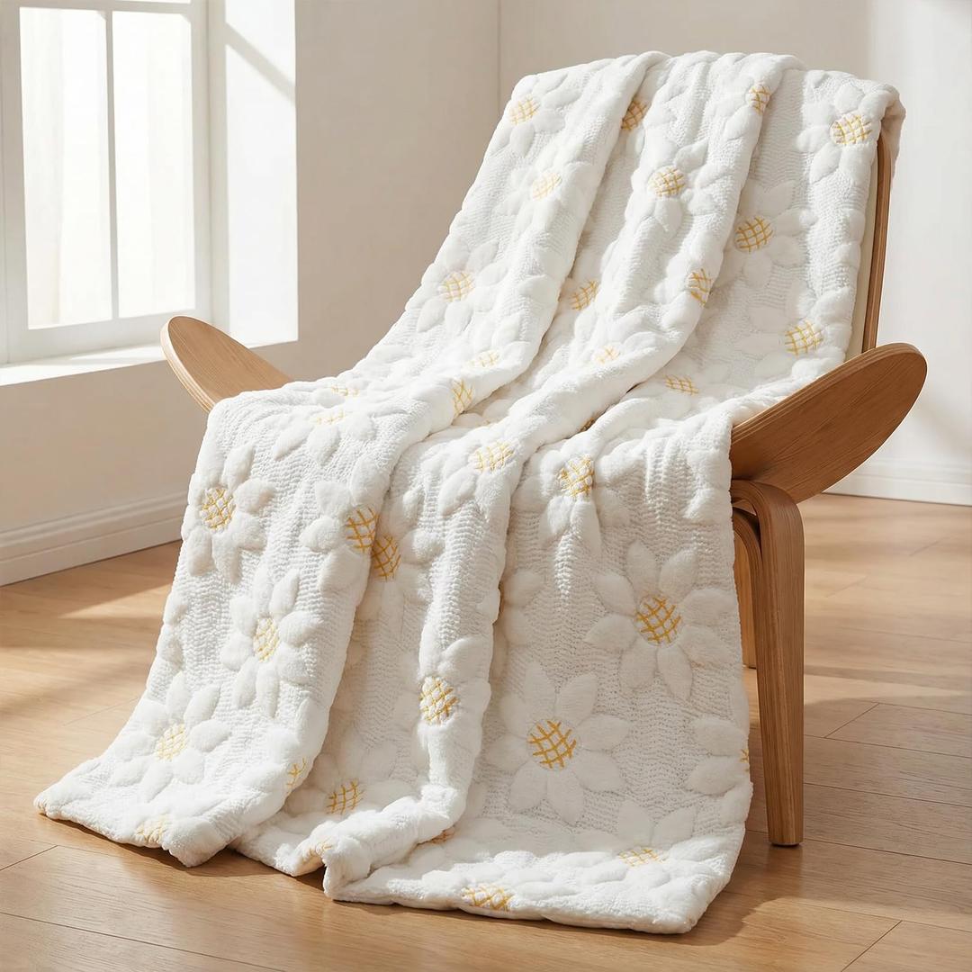 Horaldaily Spring Summer Blanket Throw, White Sunflower Soft Fuzzy Plush Faux Fur Cozy Blankets for Couch Sofa Bed Lounging, Ideal Gifts for Kids Adults Wife Self, 50x60