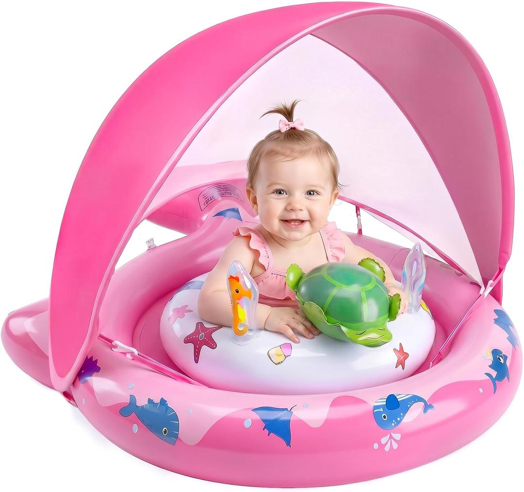 Inflatable Baby Pool Float with Sun Canopy, UPF50 Sun Protection, Portable & Easy to Store, Padded Safety Seat with, Includes Air Pump, with Toys Baby Swim Float for 6-36 Months Boys & Girls