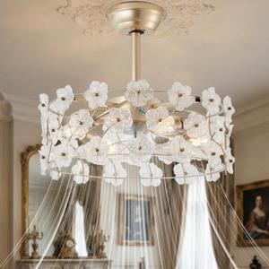 20" Flower Gold Crystal Fandelier Ceiling Fans with Lights Caged | Chandelier Ceiling Fan with Light Remote, Flush Mount Mid-Century with 6 Speeds for Bedroom Dining room Nursery E26*4