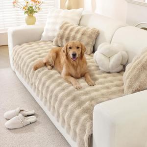 OstepDecor Faux Fur Couch Cover, Soft Plush Couch Covers for Sofa, Fuzzy Cozy Bubble Sofa Covers Washable, Pet Friendly Couch Protectors for Dogs, Dog Mat for Couches and Sofas (35.4" x 82.7", Khaki)