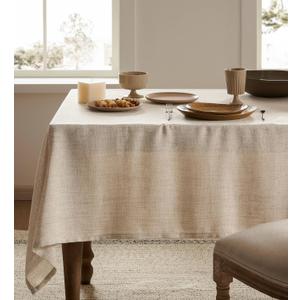 Linen Tablecloth for Rectangle Table, Natural 60x104 Inch (Fit 6ft7ft, Narrow Fit 8ft Rectangle Table) Farmhouse Neutral Tablecloth, Water Resistant Dining Tablecloths