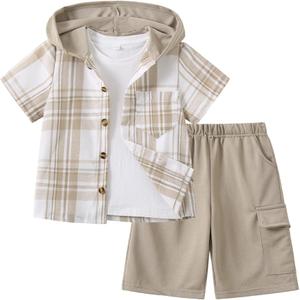 Boys Clothes Shorts Sets Plaid Short Sleeve Hooded Button Shirt and Jogger Shorts for Kids Summer Outfits 9-10Y