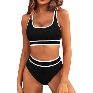 BMJL Women's High Waisted Bikini Sets Sporty Two Piece Swimsuits Color Block Cheeky High Cut Bathing Suits (Large, Black Ribbed011)