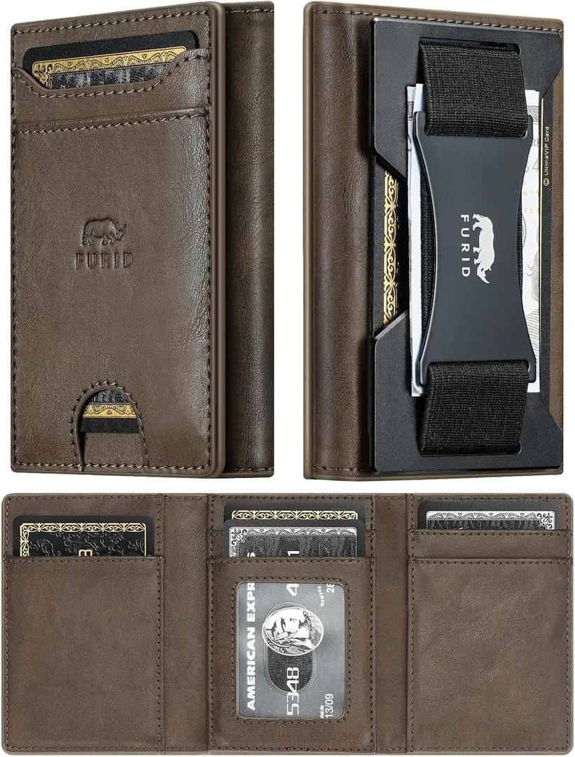 2 x furid Genuine Leather Wallet for Men: RFID Thin Trifold Front Pocket Credit Card Holder - Slim Minimalist Wallet with Metal Plates and Cash Band - Gift for Husband Father on Anniversary Birthday