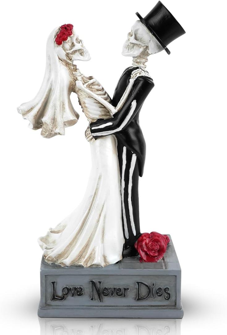 Day of The Dead Skeleton Couple Bride and Groom Skull Figurines, Love Never Dies in Bridal Gown and Tuxedo Sculpture Handmade Resin Crafts, for Halloween Gothic Wedding Gift Decor Ornament (4.1x8.7IN)