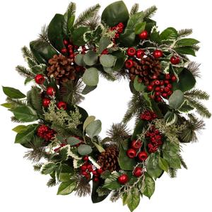 Pudate 22-Inch Artificial Christmas Wreath with Pinecones, Red Berries, and Magnolia - Holiday Door Wreath for Indoor Outdoor, Winter Christmas Decor for Front Door, Fireplace, or Wall Display