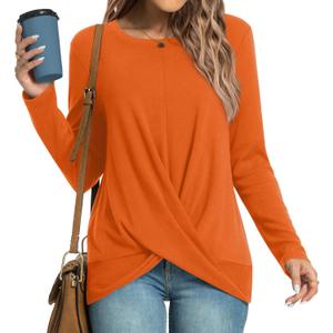 HOTGIFT Womens Tunic Tops Long Sleeve Shirts Fall Winter Casual Crewneck Sweaters Front Twist For Leggings (Orange)