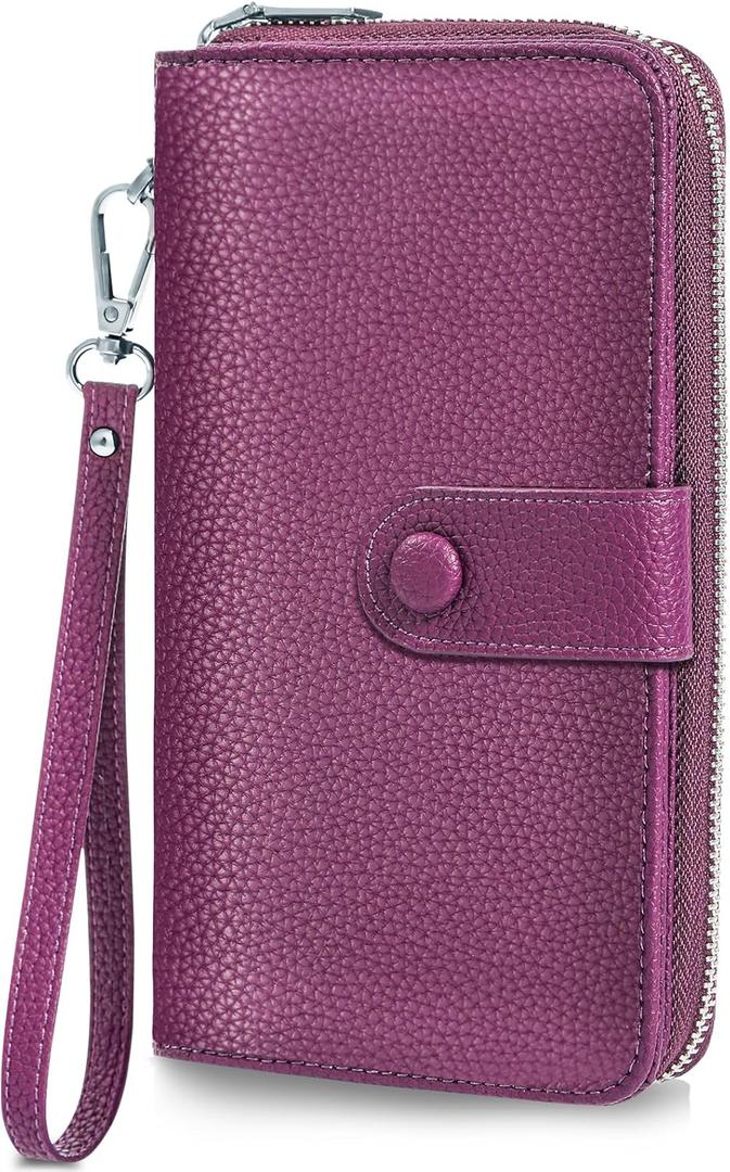 Wristlet Wallets for Women RFID Blocking, Large Capacity Long Wallet Women Leather Credit Card Holder (Yy-Purple)