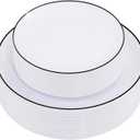 EI 100pcs White and Black Disposable Plates for Party,White Plastic Dinner Plates with Black Rim Disposable,Plastic Dessert Plate for Wedding,Family Party,Afternoon Tea Business New Year
