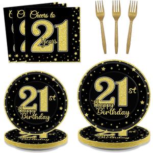 200 Pcs 21st Birthday Party Supplies Black Gold Paper Plates Cheers to 21 Years Paper Plates and Napkins Forks Disposable Black Gold Birthday Tableware Set for Kids 50 Guests Decorations Supplies