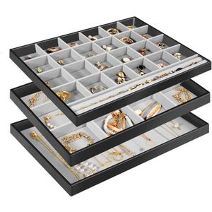ProCase Stackable Large Jewelry Drawer Organizer, 3 Pack Velvet Jewelry Organizer Tray with Removable Dividers for Earring Necklace Bracelet -Black (24 Slot + 12 Slot + 10 Hooks)