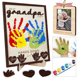 10" Hands Down Best Grandpa Ever DIY Handprint Kids Gifts Frame with Paints, Grandpa Crafts from Grandkids Family Keepsake Plaque Birthday Gift Father's Day for Pops, Papa HF610