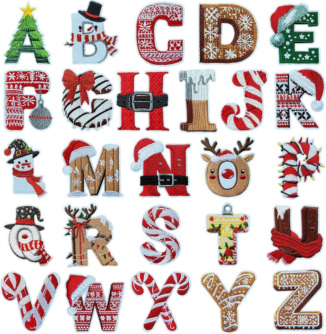 26Pcs Christmas Iron on Patches, Cartoon A-Z Letter Alphabets Embroidered Patches, Christmas Iron on Letters Patches for Hats, Clothes, Jeans, Jackets, DIY Craft Gifts for Boys, Girls