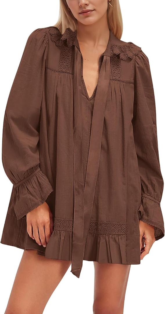 Burtell Long Sleeve Babydoll Dresses Women Fall V Neck Lace Trim Mini Dress Flowy Puff Sleeve Tie Front A-Line Tunic Dress (Brown, M)