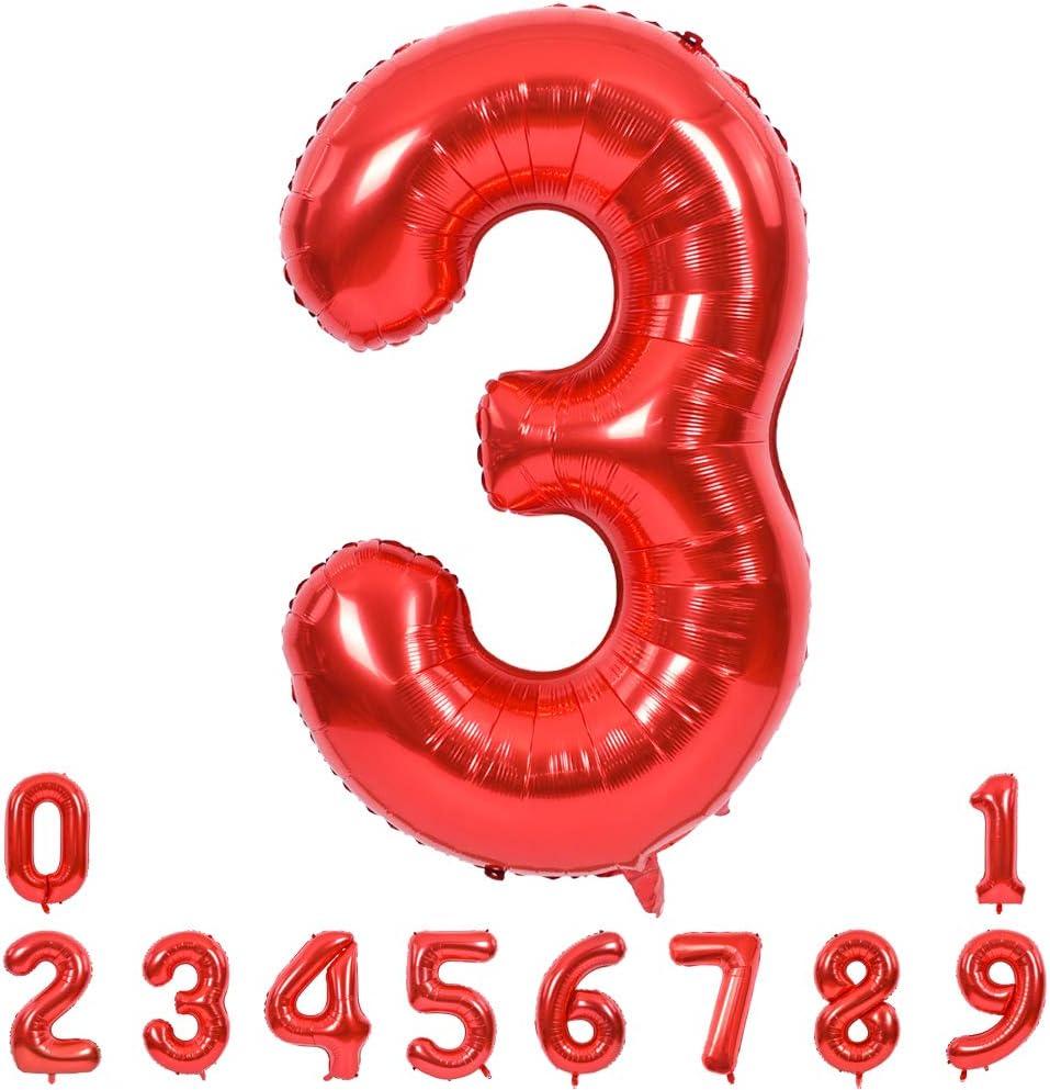 TONIFUL 40 Inch Red Large Numbers Balloons 0-9, Number 3 Digital 3 Helium Balloons, Foil Mylar Big Number Balloons for Birthday Party Anniversary Supplies Decorations