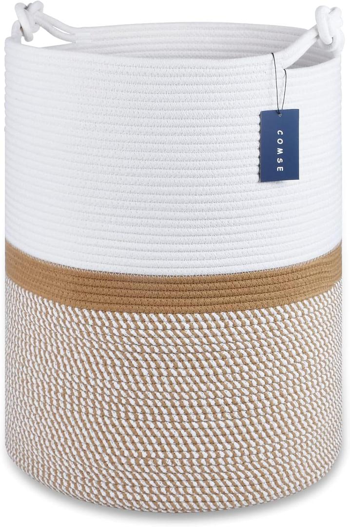 COMSE Extra Large Blanket Basket, Tall Woven Storage Basket, Nursery Hamper, 15.7x 21.7, Cotton Rope Laundry Hamper for Toys Clothes Towels, Blend White/Camel