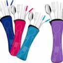 Travel Utensils Set with Case 4 Pack, Reusable Stainless Steel Portable Cutlery (Fork, Spoon, Knife, Straws & Cleaner) for Work, Dorm, Camping, Lunch Box, Compact Durable Silverware by Ecoberi (Multicolor)