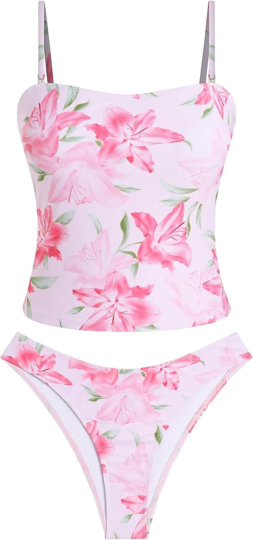 ZAFUL Women's Floral Tankini Swimsuits Bandeau Tummy Control High Cut Tankini Set Two Piece Bathing Suit (S)