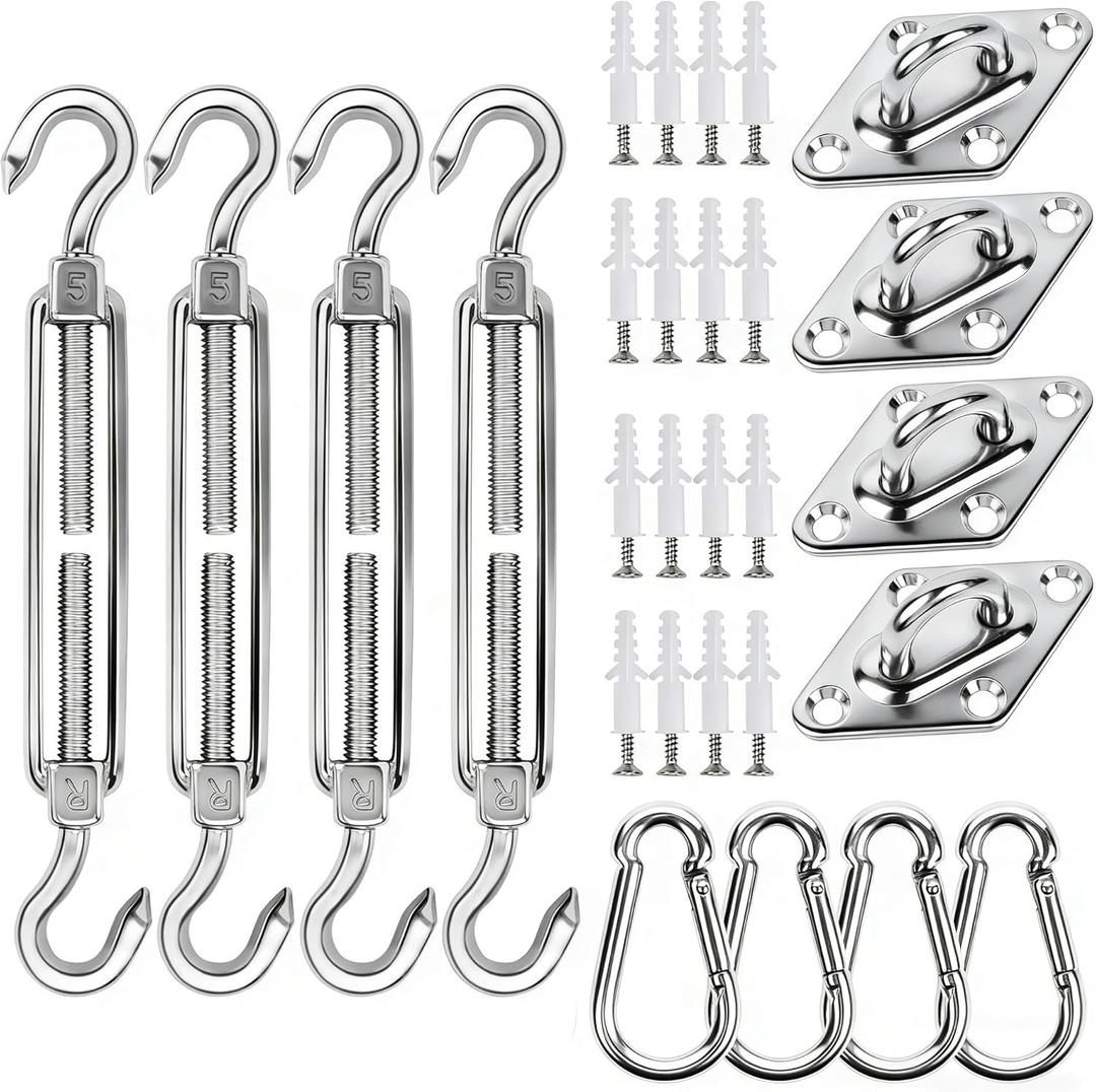 YOFIT 44 Pcs Shade Sail Hardware Kit, 5 Inch Outdoor Sun Sail Accessories, 304 Stainless Steel Turnbuckles & Brackets for Triangle/Rectangle Sails, Patio Canopy Installation Hardware Set Waterproof