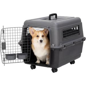 SportPet Airline Compliant MEDIUM 26.5" Travel Dog Kennel-Durable Plastic Airline Pet Carrier w/ Removable Wheels & Food Bowls, Collapsible Indoor/Outdoor Dog Kennel, Dogs up to 23"L & 15"H-Dark Gray