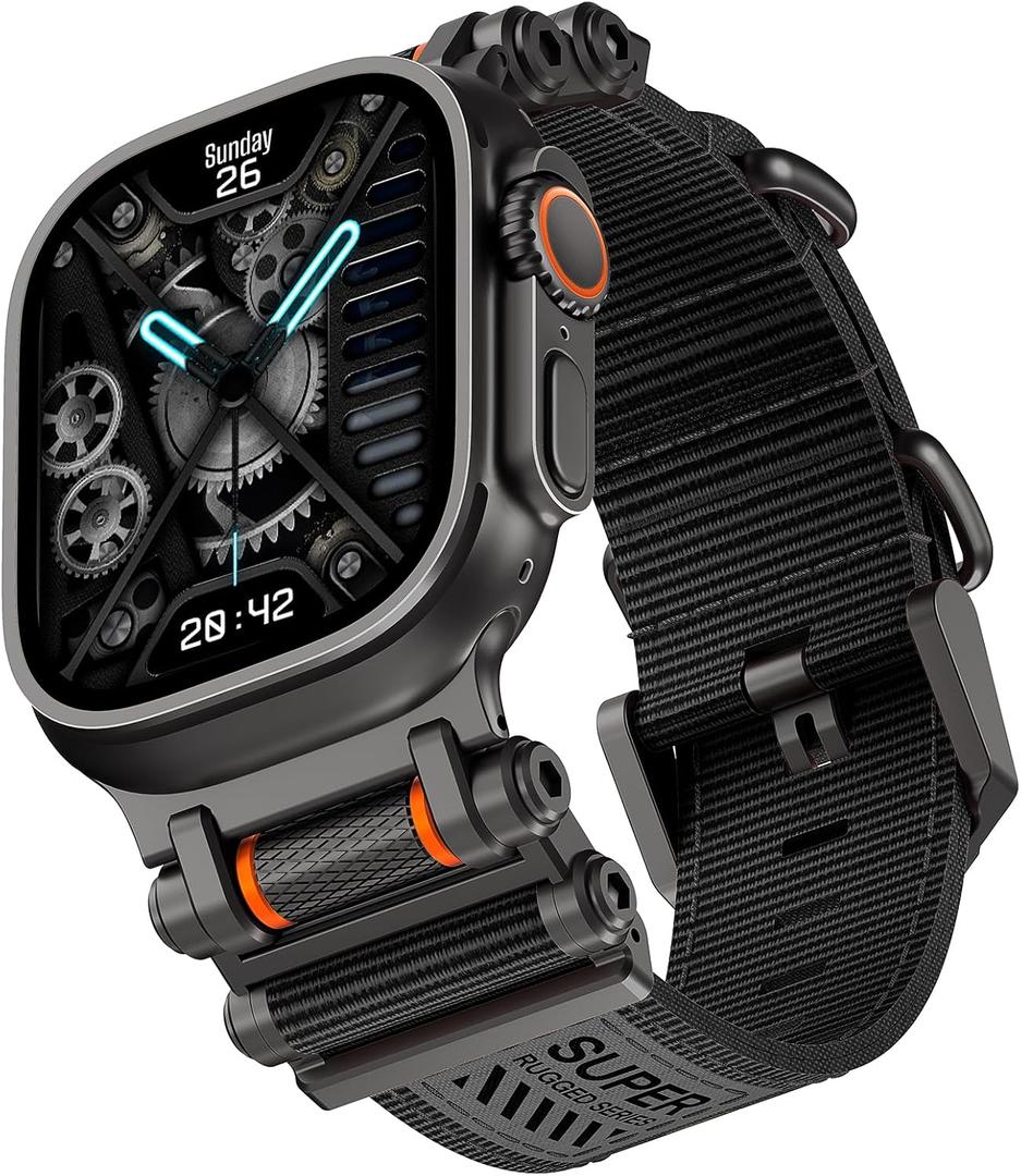 TAURI Nylon for Apple Watch Ultra 3/2/Ultra Strap 49mm [Rugged Braided Nylon + Stainless Steel Connectors] Adjustable Woven Band for SE 3 / Series 11/10/9/8/7/6/5/4 46mm/45mm/44mm Men Women, All Black