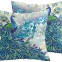 Teal Peacock Throw Pillow Covers Set of 2, Vintage Watercolor Blue Teal Turquoise Peacock Gifts Microfiber Fabric Decoration Pillowcases Home Sofa Couch Bed Decor Square 18x18 Inches Pillow Cases (Single-Sided Printing)