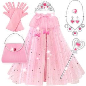 Princess Dress Up Clothes for Little Girls, 10 Pcs Toddler Dress Up Toys, Princess Cape with Crown, Wand, Jewelry, Princess Play Toys Gifts for 3 4 5 6 Year Old Girls(Pink)