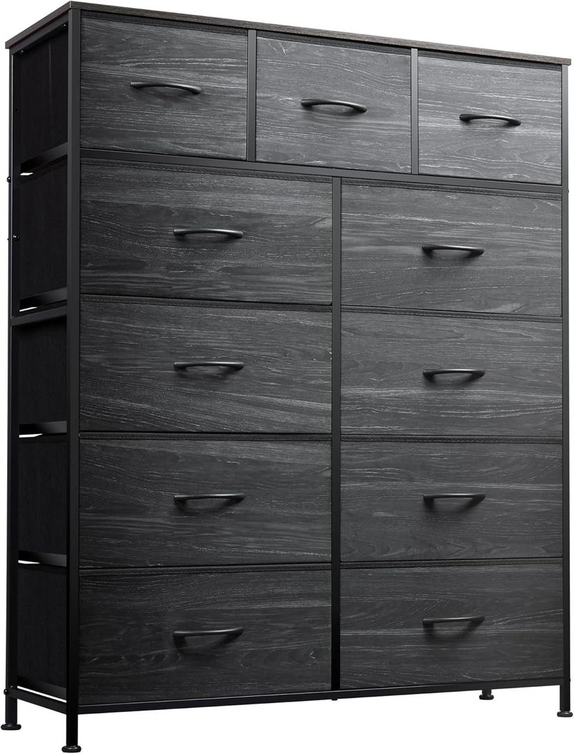 WLIVE Tall Dresser for Bedroom, Fabric Dressers Storage Tower, Dresser & Chest of Drawers Organizer Unit with 11 Drawers, Storage Cabinet, Hallway, Closets, Steel Frame, Wood Top (Charcoal Black Wood Grain Print)