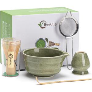 Matcha Set, Matcha Bowl with Spout, Matcha Whisk and Holder, Bamboo matcha Scoop and Stainless Sifter - 5 Pcs Jade Green Matcha Set Kit for Matcha Lover