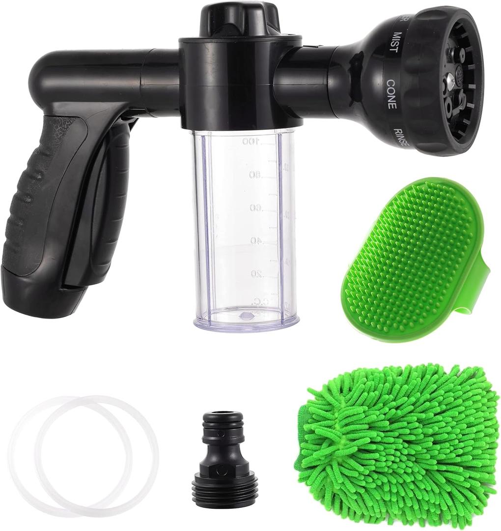 Kamirola High Pressure 8 in 1 Car Wash Brush Foam Gun,Garden Hose Nozzle Foam Cannon Bottle Soap Sprayer,Lawn, Car Wash, CleaningPatio, Pet Bathing(Black)