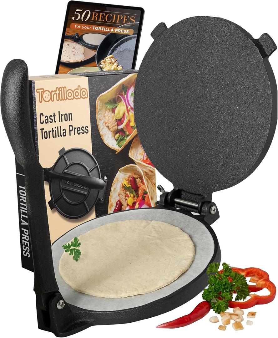 Tortillada  Premium Tortilla Press Cast Iron with Recipes E-Book (10 Inch)