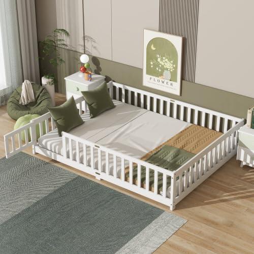 Queen Floor Bed Frame with Fence, Queen Size Floor Bed with Door & Safety Guardrails, Rubber Wood Montessori Bed for Boys & Gilrs, White