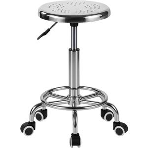 Rolling Stool, Stainless Steel Workbench, Adjustable Swivel Stool Medical 5 Wheels, 304 Stainless Steel Structure Laboratory Round Pad, Load Capacity 445 lbs (Silver)