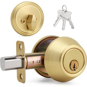 Brushed Gold Round Design Single Cylinder Deadbolt with Keys, Exterior Keyed Dead Bolt Lock for Front Entrance Door Security, Satin Brass