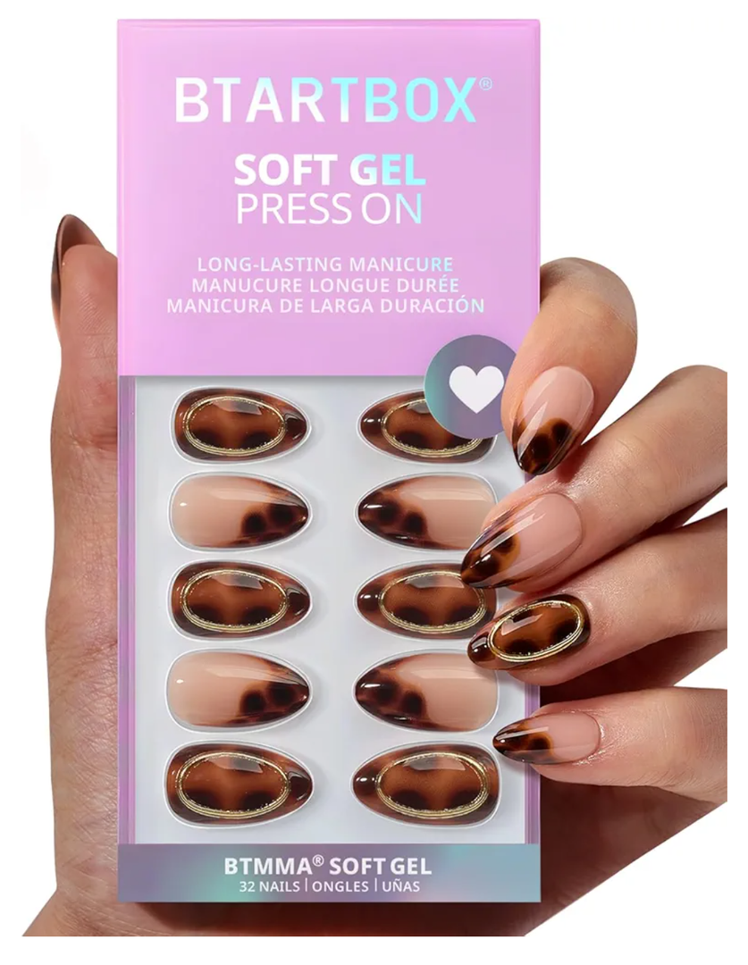 BTArtbox Press On Nails Almond - Amber Hoops, Tortoise Shell Short French Tip Press On Nails with Glue and Adhesive Tabs for Women, Soft Gel Glue On Nails in 16 Sizes - 32 Stick On Nails Kit