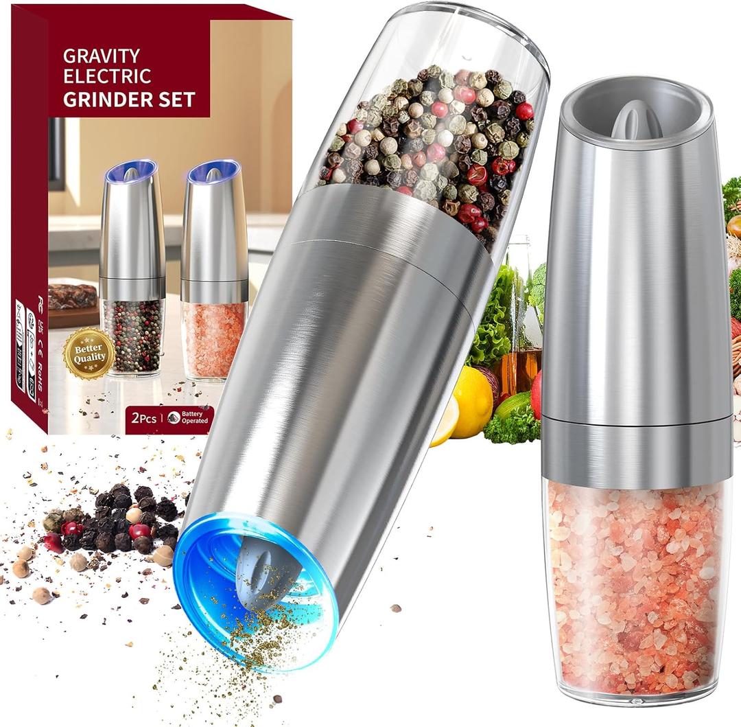 CIRCLE JOY Gravity Electric Salt and Pepper Grinder Set Stainless Steel Automatic Salt and Pepper Grinder Set, Battery Operated, LED Light, Adjustable Coarseness, for Home Kitchen BBQ, Silver, 4.75 Ounces