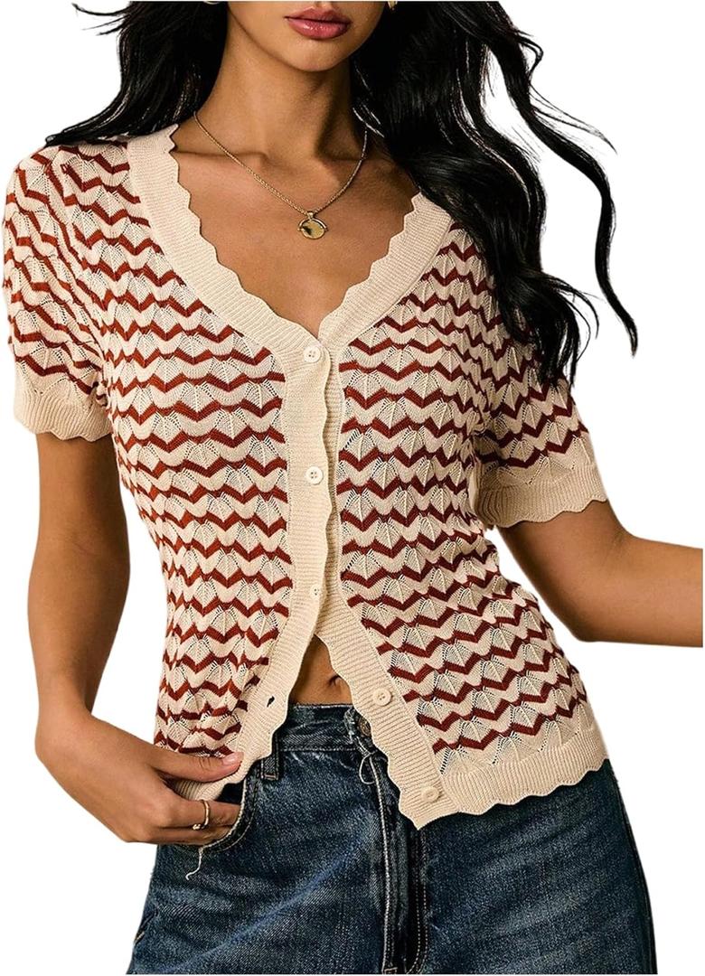 SweatyRocks Women's V Neck Striped Button Down Cardigan Casual Short Sleeve Crochet Sweater (S)