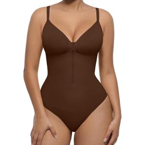 FeelinGirl Shapewear Bodysuit Tummy Control for Women Zip-Up Shapewear Thong Waist V Neck Body Shaper Going Out (Large, Dark Brown)