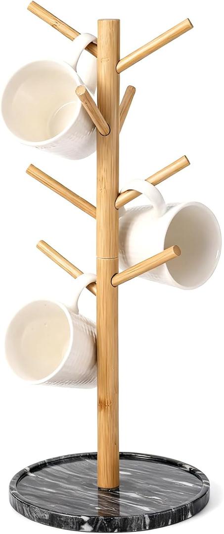 Bamboo Mug Holder, Sturdy 8 Hooks Coffee Mug Holders Mug Tree Stand, Decorative Mug Racks for Countertop, Non-Slip Coffee Mug Cup Tree Cup Organizer