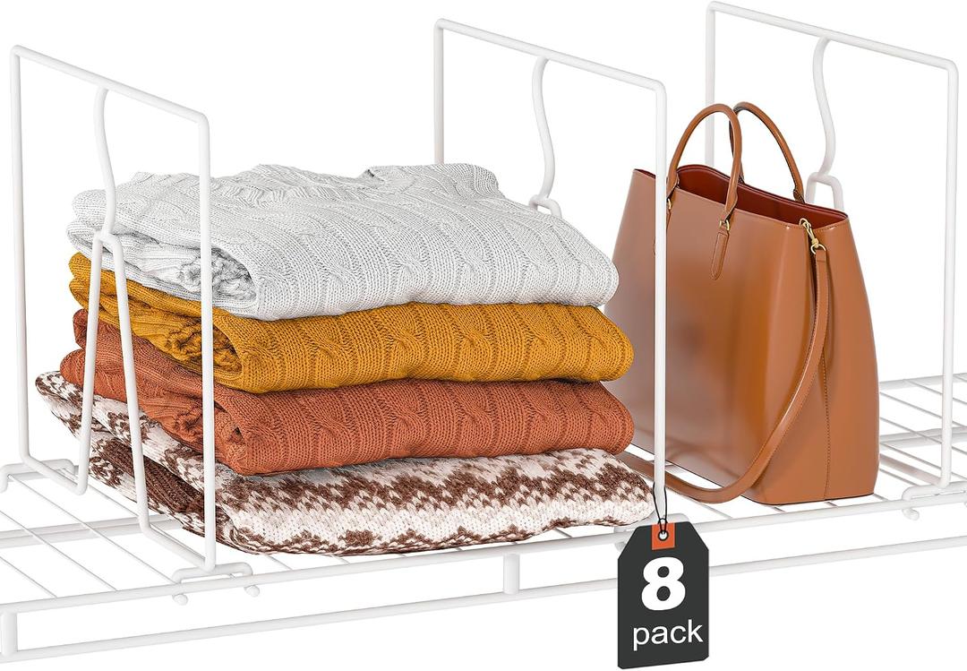 Wire Shelf Dividers for Closet: 12" D x 10.6" H Sturdy Metal Rack Separators for Pantry Organization, Clothes, Purses, Towels - White Coated Steel Accessories Fit Wire Shelving (8 Pack)