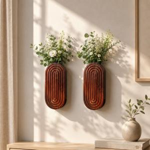 2 Pack Wooden Wall Vase Set, Modern Farmhouse Boho Hanging Planters for Dried Flowers Faux Plants, Wall Decor for Living Room,Bedroom, Bathroom, Entryway, Hallway with Mounting Hardware (Brown)