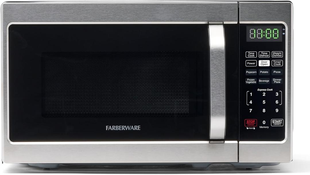 Farberware 0.7 Cu. Ft. Countertop Microwave Oven  700 Watts Power, Auto Cook Settings, Defrost, Easy Clean and Child Safety Lock - Stainless